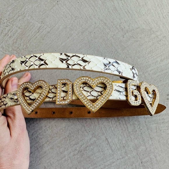 Dolce & Gabbana NWOT Vtg Y2K Phyton Snake Rhinestone Heart LOVE DG Skinny Belt - Picture 13 of 16